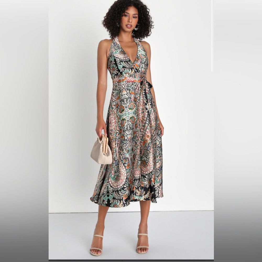 Lulus Eclectic Aesthetic Black Multi Floral Print Wrap Midi Dress - medium - NWT